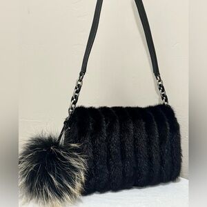 Black Real Mink FurâHandmade Fold Over Flap Bag & Large Fox Fur Pom-Pom Charm